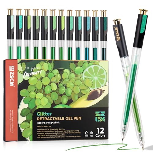 ZSCM Retractable Glitter Gel Pens, 12 Colors Large Capacity Green Glitter Metallic Gel Ink Pen, 1 mm Fine Point Smooth Writing Color Pens for Adult Coloring Book Note Taking Aesthetic Art Supplies - Image 1