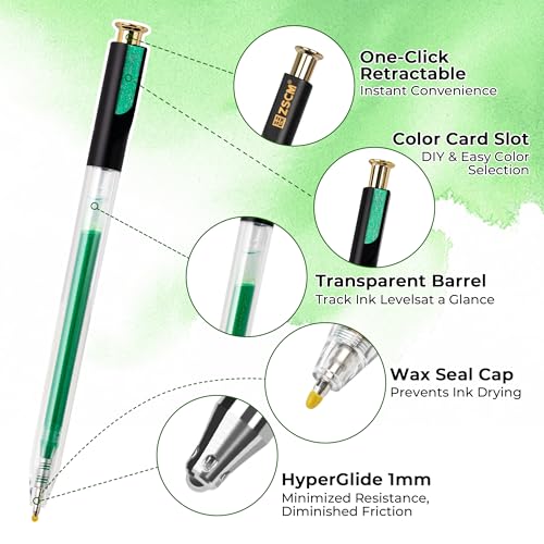 ZSCM Retractable Glitter Gel Pens, 12 Colors Large Capacity Green Glitter Metallic Gel Ink Pen, 1 mm Fine Point Smooth Writing Color Pens for Adult Coloring Book Note Taking Aesthetic Art Supplies - Image 2