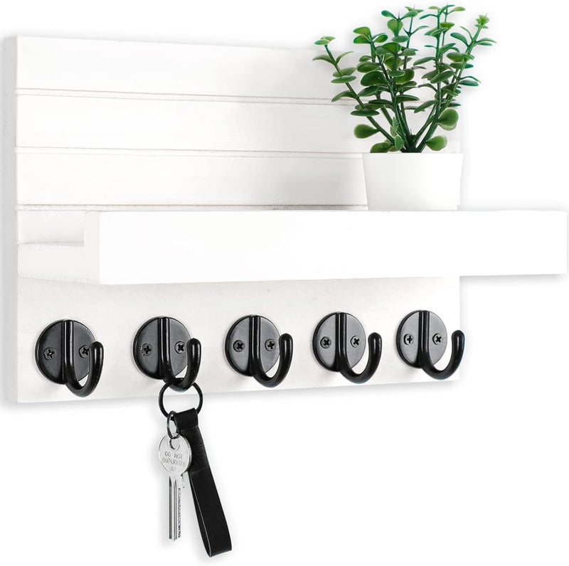 Emapoy Key Holder Hanger, Decorative Mail Organizer, Wood Key Hanger With Mounting Hardware, Decorative Key And Mail Holder, With Shelf Has Large Key Hooks For Coats And Key (White) - Image 1