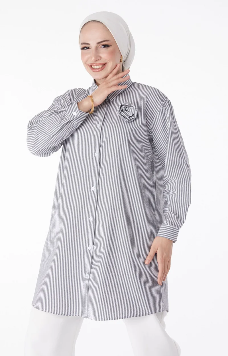 Tofisa Plain Shirt Collar Women's Black Rose Accessory Tunic - 25243