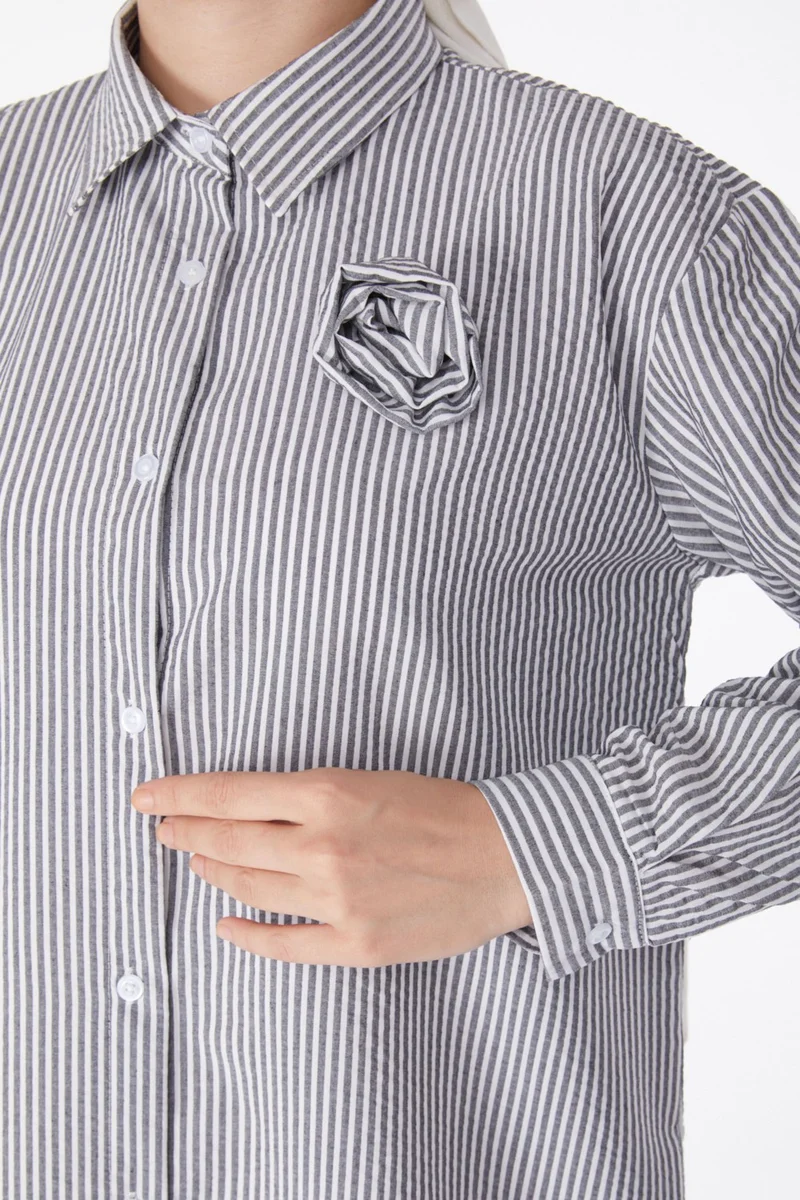 Tofisa Plain Shirt Collar Women's Black Rose Accessory Tunic - 25243