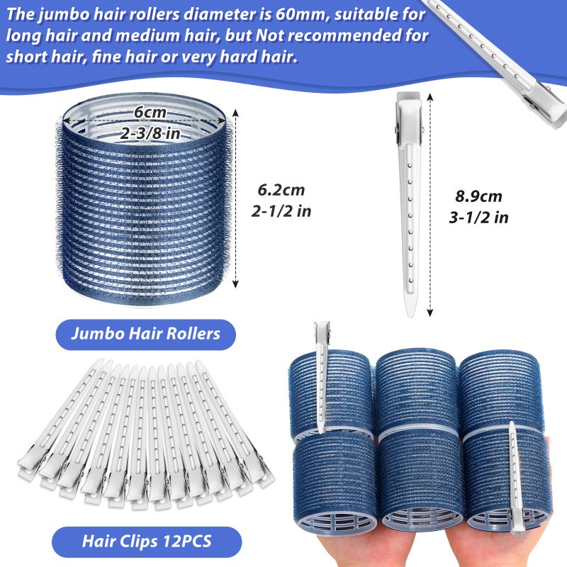 Acejoz Jumbo Hair Curlers Rollers, 12Pcs Hair Roller Curlers Self Grip Holding Rollers with 12 Stainless Steel Duckbill Clips for Long Hair Volume (Navy Blue) - Image 2