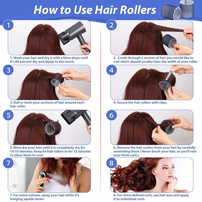 Acejoz Jumbo Hair Curlers Rollers, 12Pcs Hair Roller Curlers Self Grip Holding Rollers with 12 Stainless Steel Duckbill Clips for Long Hair Volume (Navy Blue) - Image 5