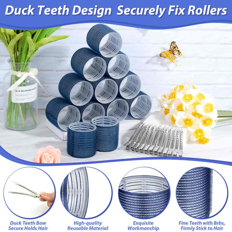 Acejoz Jumbo Hair Curlers Rollers, 12Pcs Hair Roller Curlers Self Grip Holding Rollers with 12 Stainless Steel Duckbill Clips for Long Hair Volume (Navy Blue) - Image 4