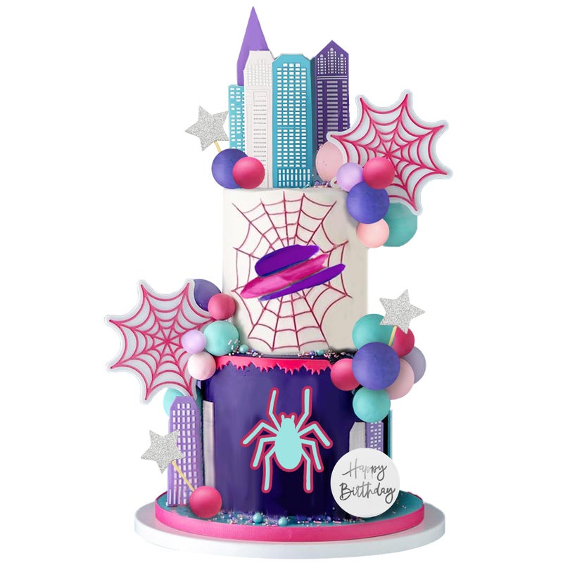 ZXSWEET Spider Cake Topper with Pink Spider Web Balls Stars for Animal Themed Birthday - Image 1