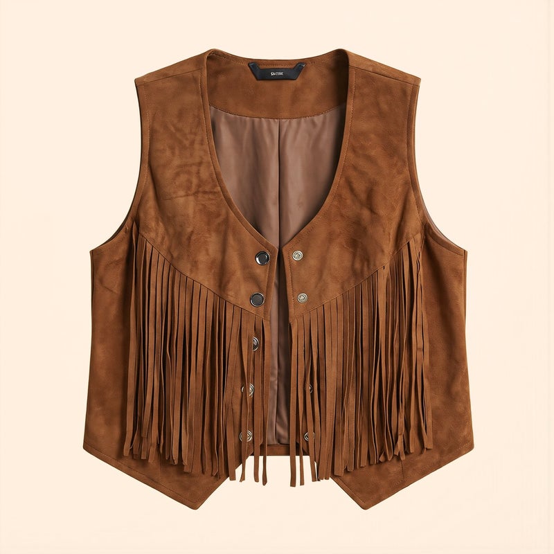 Womens Slim Flatter Fringe Vest S Brown Waist Shaping Casual Dating Top Spring - Image 3