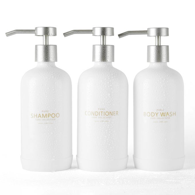 SHAMPOO AND CONDITIONER DISPENSER SET OF 3REFILLABLE 21OZ SHAMPOO BOTTLES WITH NONSLIP PROTECTIVE SILICONE PADSHOWER SOAP DISPENSER WITH WATERPROOF LABELS FOR BATHROOM WHITE