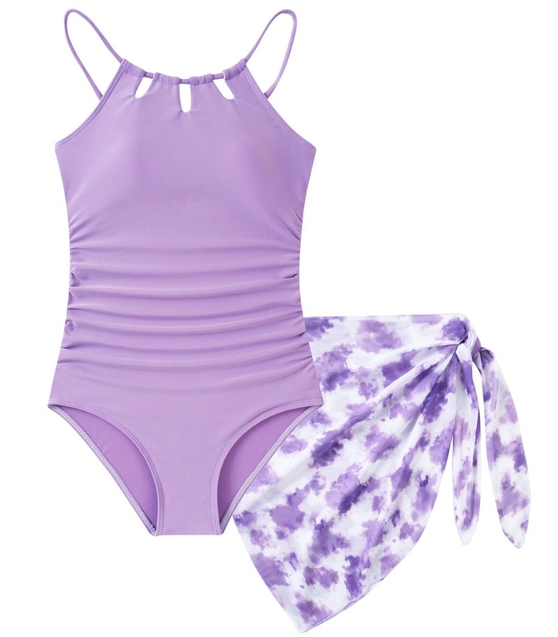 Cuddomper Girls Swimsiut Size 11-12 Purple Teen One-Piece Bathing Suit with Tie Dye Print Mesh Cover Ups Cut Out Adjustable Straps Summer Swimwear - Image 1