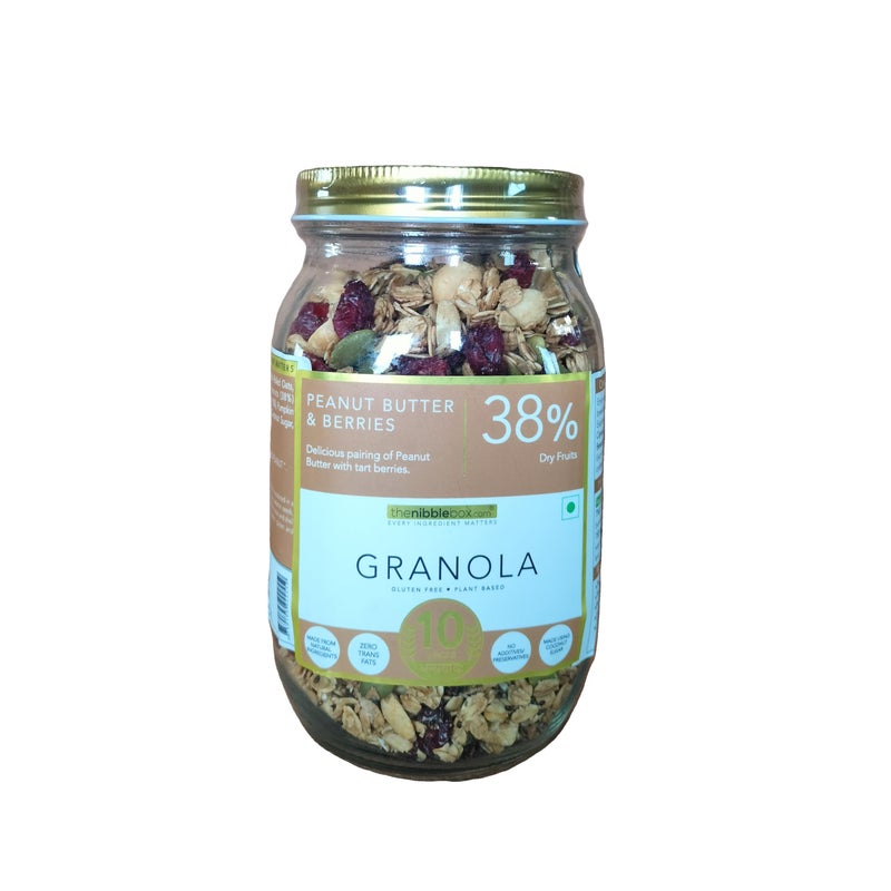 thenibblebox Peanut Butter & Berries Granola 500g Jar [38% Dry Fruits,Gluten Free. Vegan Friendly. All Natural.] - Image 1