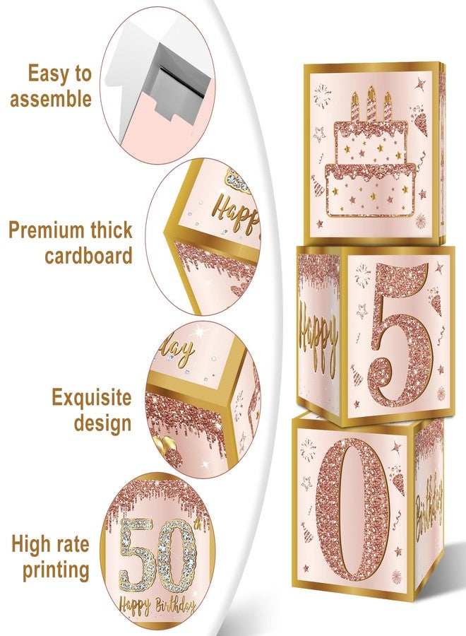 Guiruiy 3Pcs 50th Birthday Decorations Boxes for Women, Pink Rose Gold 50th Birthday Balloons Boxes Party Supplies, Pink Fifty Year Old Bday Theme Cardboard Box Decor - Image 3