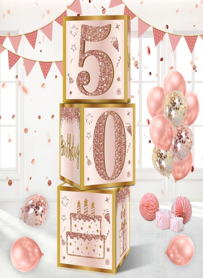 Guiruiy 3Pcs 50th Birthday Decorations Boxes for Women, Pink Rose Gold 50th Birthday Balloons Boxes Party Supplies, Pink Fifty Year Old Bday Theme Cardboard Box Decor - Image 1