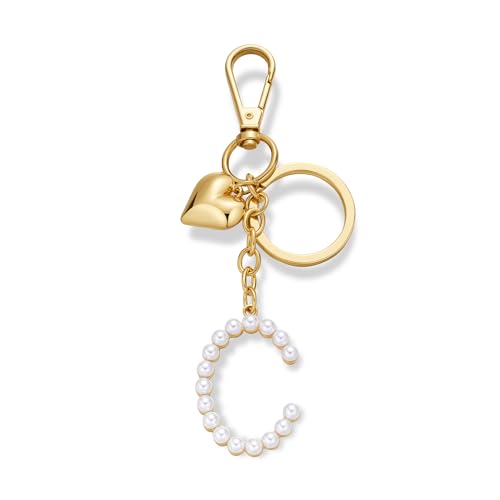 FAUTHENTICUTE Initial Letter Keychains For Women Gold Keyrings With Gold Puffy Heart And Imitation Pearl Letter C Charm Purse Accessories Gift Bag Charms - Image 1