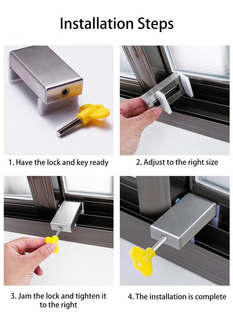 2 Piece Sliding Door Window Lock Set, Stainless Steel Window Guard Stop Adjustable Protective Patio Closet Door Security Lock Security Window Lock for Sliding Window Sliding Door, Aluminum Free Rail Restriction Window Door Anti-Slip for Home  Office Child Seat Belt Key - Image 3