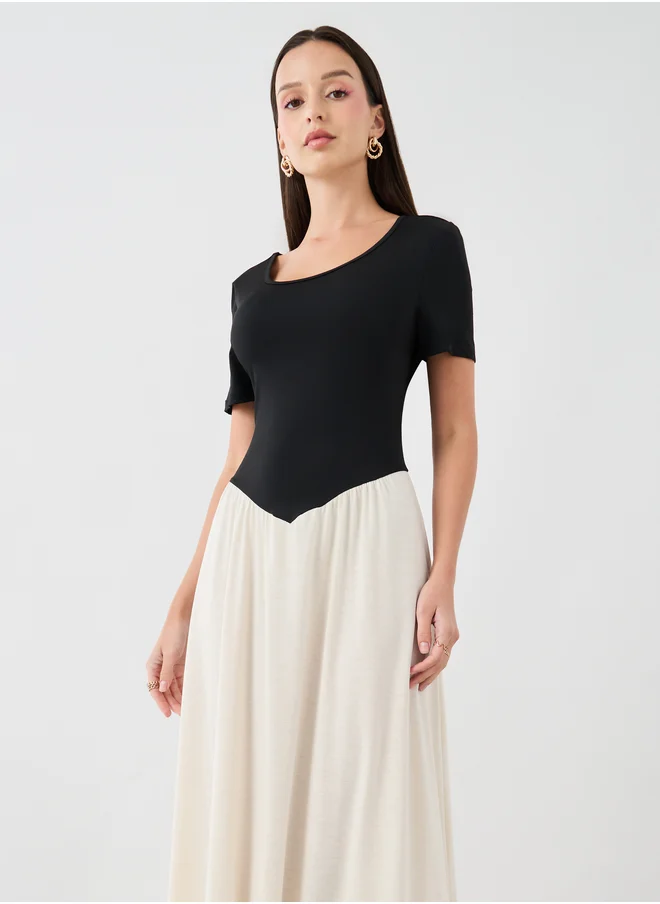 ستايلي Solid Two Tone Wide Neck Maxi Dress