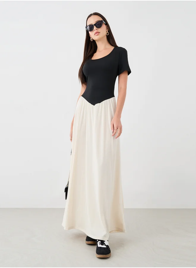 ستايلي Solid Two Tone Wide Neck Maxi Dress