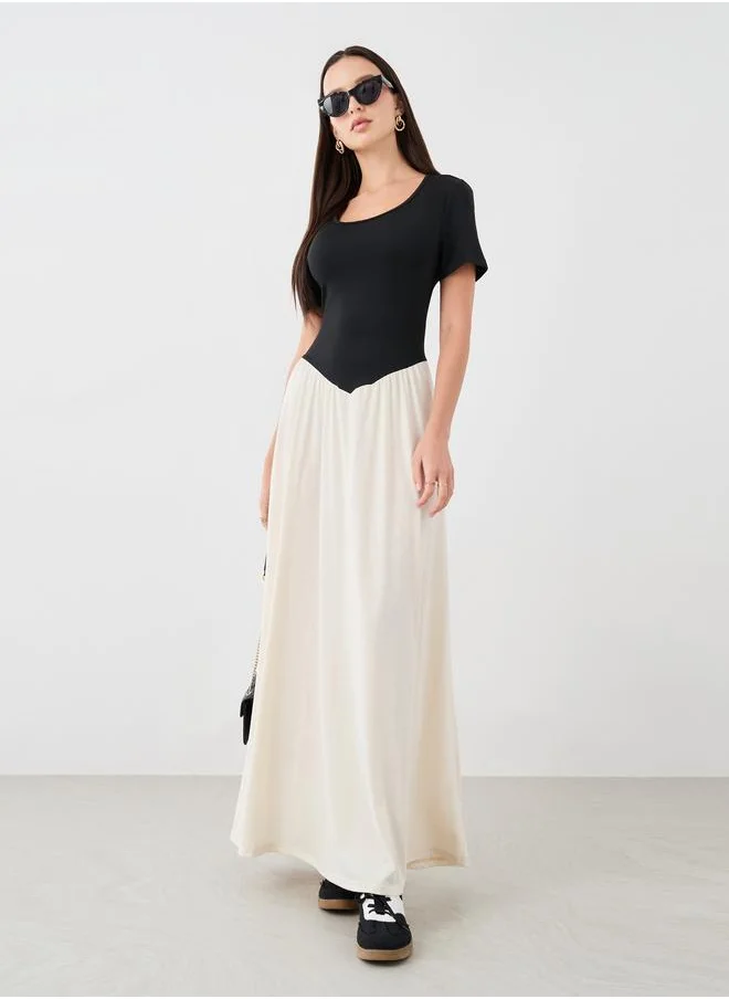 تايك تو Take Two Solid Two Tone Wide Neck Maxi Dress