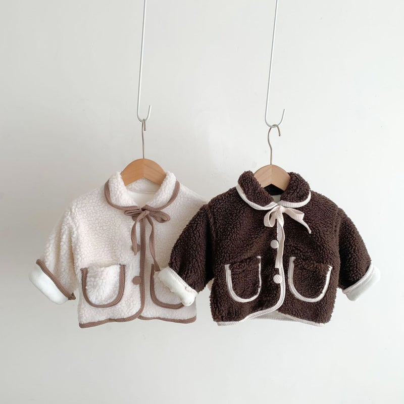 Korean Toddler Cotton Coat 2021 Winter Plush Warm Jacket Brown  - Image 3