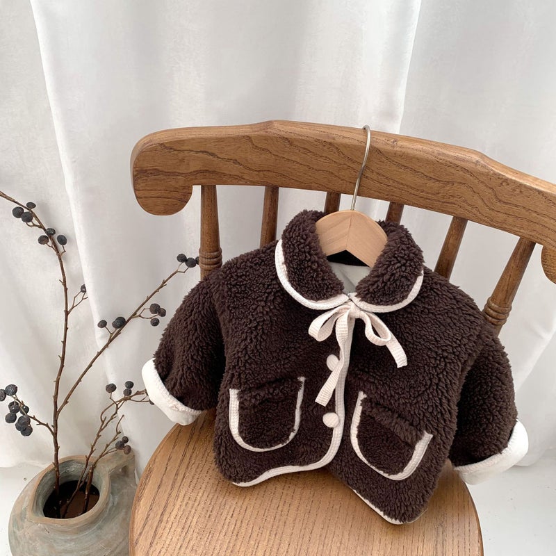 Korean Toddler Cotton Coat 2021 Winter Plush Warm Jacket Brown  - Image 1
