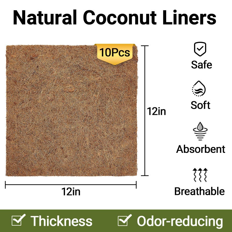 ZeeDix 10 Pcs Reptile Carpet, 12X12 inch Natural Coconut Fiber Liner Mat Flooring Accessories for Reptile Tank - Bearded Dragon Tortoise Lizard Turtle Snake Leopard Gecko Substrate Bedding - Image 3