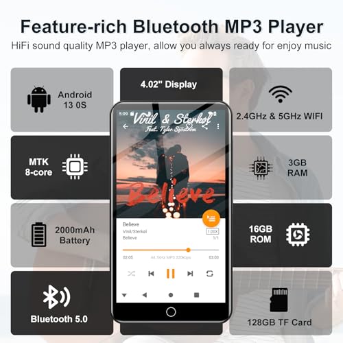 Fanvace 144GB MP3 Player with Bluetooth and WiFi, Android 13 OS MP3 & MP4 Players with 4" Touchscreen and Speaker, Spotify Music Players with Audible, FM Radio, Amazon Music, Play Store - Image 4