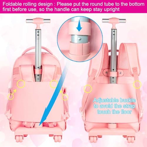 CCJPX Rolling Backpack for Girls Women, 21 inch Roller Wheels School Bookbag, Wheeled Suitcase Backpacks with Lunch Bag for Teen - Pink - Image 4