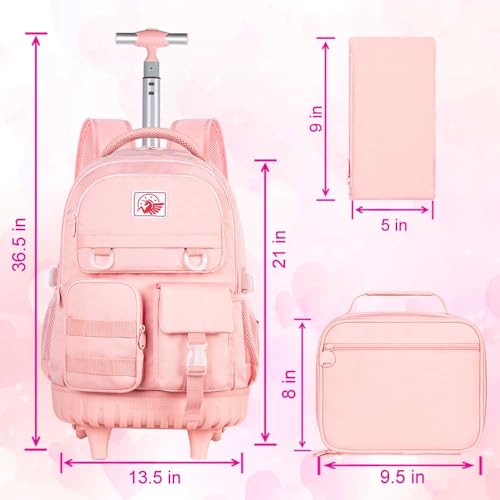 CCJPX Rolling Backpack for Girls Women, 21 inch Roller Wheels School Bookbag, Wheeled Suitcase Backpacks with Lunch Bag for Teen - Pink - Image 3