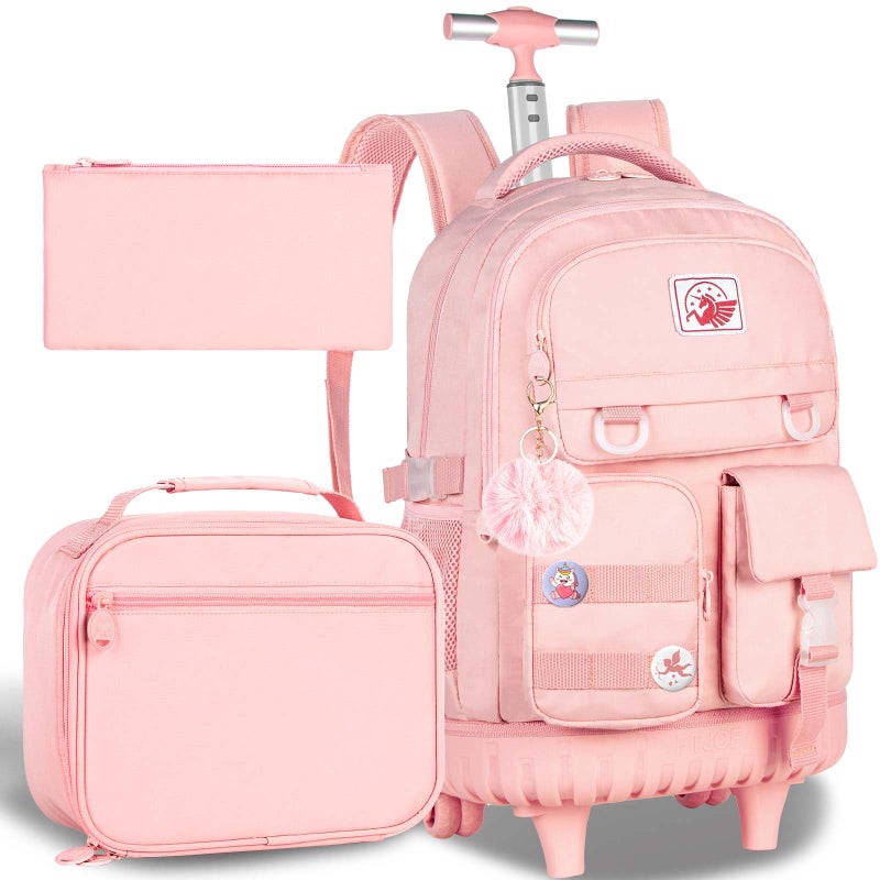 CCJPX Rolling Backpack for Girls Women, 21 inch Roller Wheels School Bookbag, Wheeled Suitcase Backpacks with Lunch Bag for Teen - Pink - Image 2