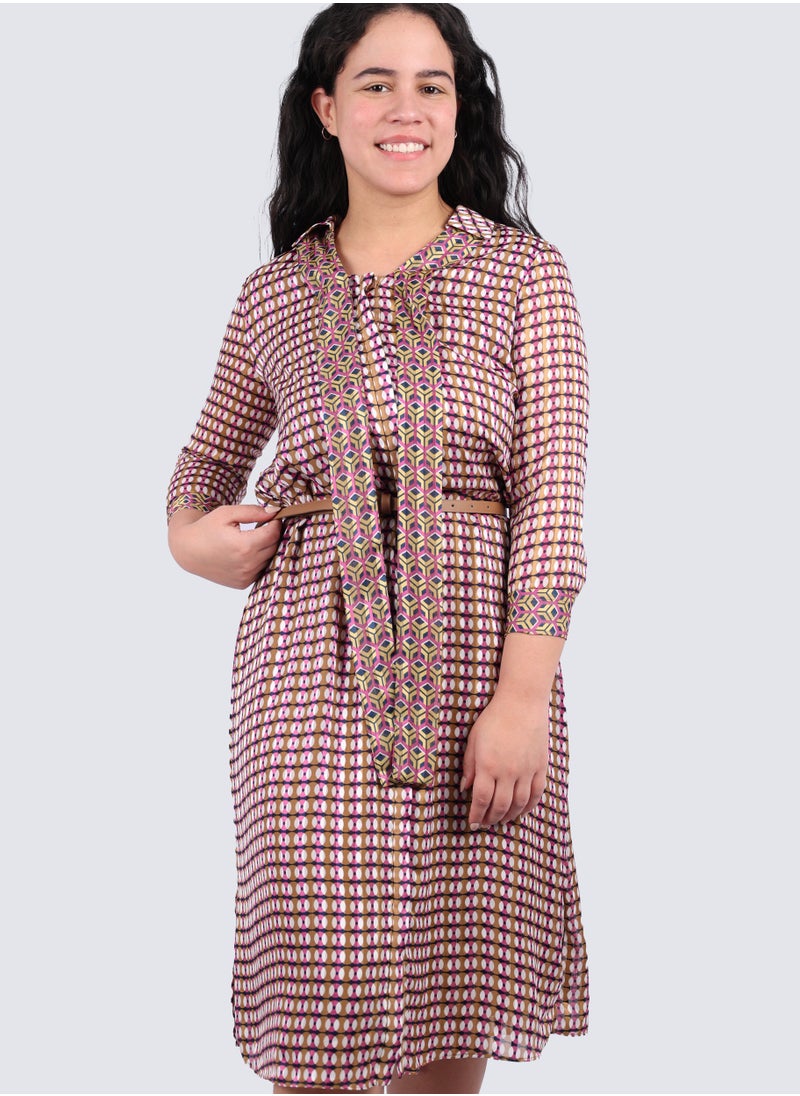 VERO MODA - Women's Geometric Printed Shirt Midi Dress With Cut Outs in Biscuit - Image 1