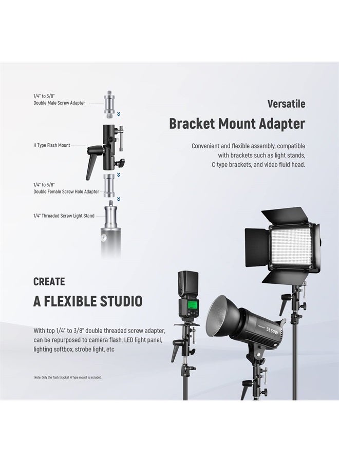 NEEWER Camera Flash Bracket H Type Mount with Umbrella Softbox Holder, 180° Swivel Adjustable Metal Light Stand Adapter with 1/4" to 3/8" Screw Adapter for Speedlite LED Light Stand Tripod (2 Pack) - Image 5