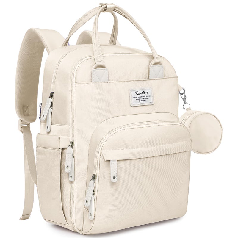 RUVALINO حقيبة ظهر حفاضات RUVALINO - حقيبة سفر متعددة الوظائف للأطفال مع وسادة تغيير، حوامل زجاجات معزولة وحافظة مصاصة، سعة كبيرة، مقاومة للماء، بيج - Image 1
