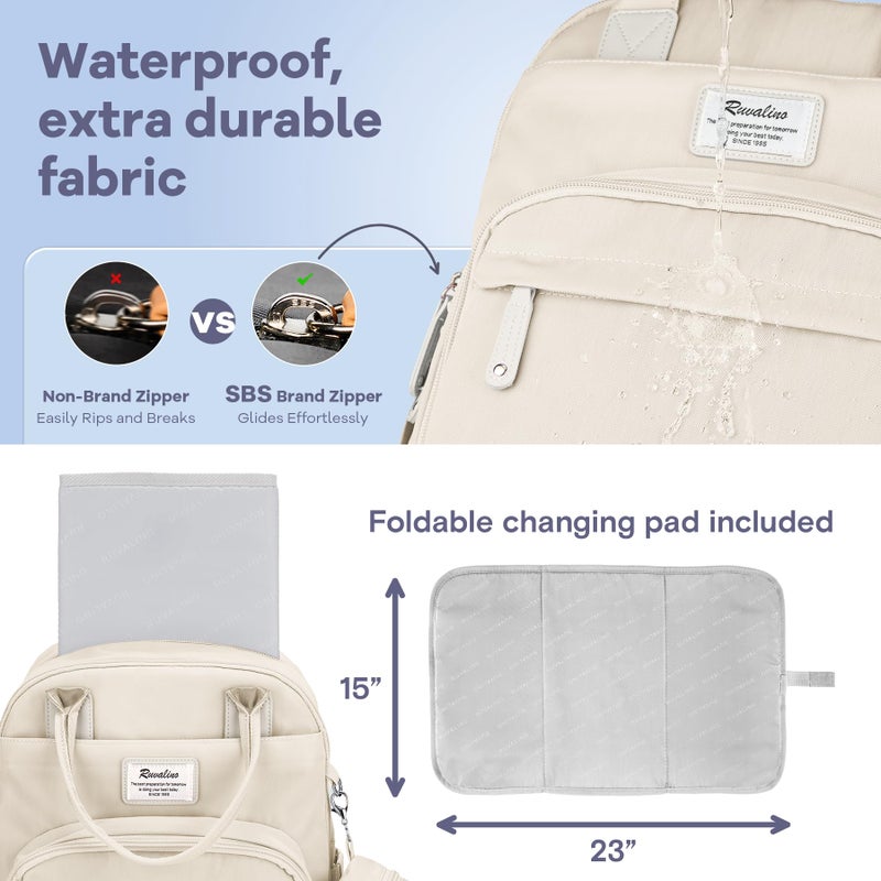 RUVALINO حقيبة ظهر حفاضات RUVALINO - حقيبة سفر متعددة الوظائف للأطفال مع وسادة تغيير، حوامل زجاجات معزولة وحافظة مصاصة، سعة كبيرة، مقاومة للماء، بيج - Image 4