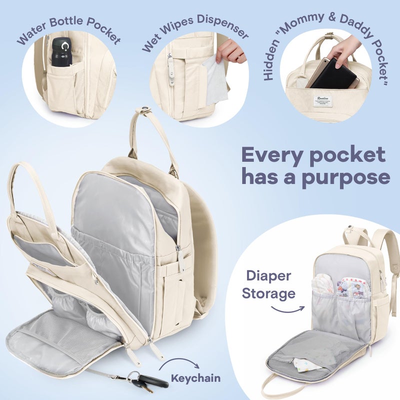 RUVALINO حقيبة ظهر حفاضات RUVALINO - حقيبة سفر متعددة الوظائف للأطفال مع وسادة تغيير، حوامل زجاجات معزولة وحافظة مصاصة، سعة كبيرة، مقاومة للماء، بيج - Image 3