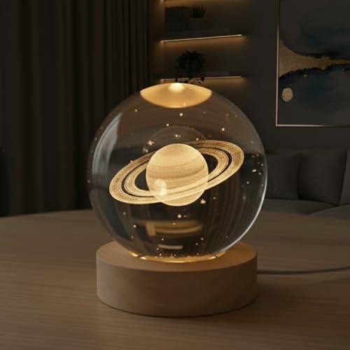 KHANAK Universe Crystal Ball Night Light,3D Glass Ball Night LED Lamp with Woodern Base,Colorful LED Wooden Crystal Ball for Home Decoration Birthday Gift (Saturn) - Image 1