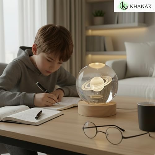 KHANAK Universe Crystal Ball Night Light,3D Glass Ball Night LED Lamp with Woodern Base,Colorful LED Wooden Crystal Ball for Home Decoration Birthday Gift (Saturn) - Image 4