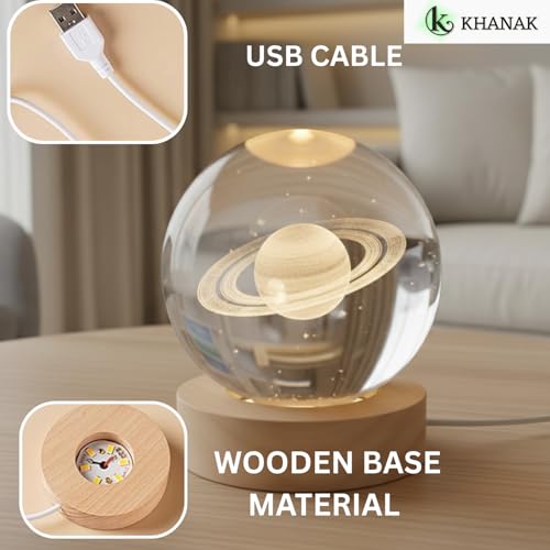KHANAK Universe Crystal Ball Night Light,3D Glass Ball Night LED Lamp with Woodern Base,Colorful LED Wooden Crystal Ball for Home Decoration Birthday Gift (Saturn) - Image 3