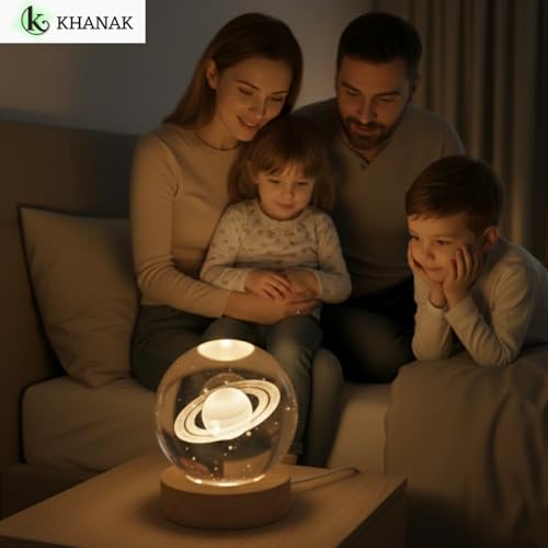 KHANAK Universe Crystal Ball Night Light,3D Glass Ball Night LED Lamp with Woodern Base,Colorful LED Wooden Crystal Ball for Home Decoration Birthday Gift (Saturn) - Image 5
