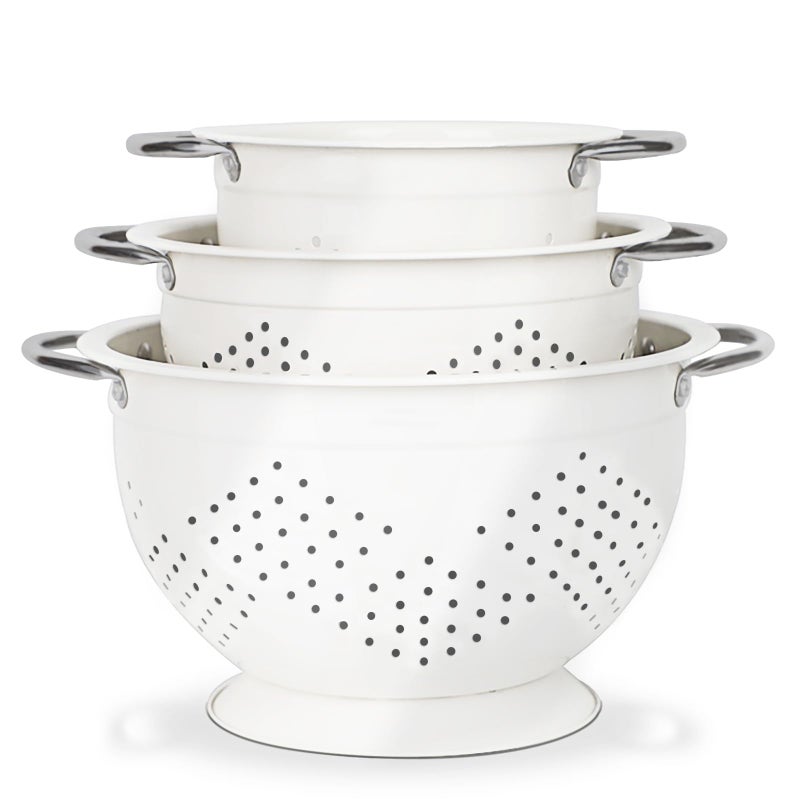 Hillbond مجموعة مصفاة هيلبوند من 3 قطع، 1.5، 3، 5 QT مصفاة معدنية مطلية بالبودرة مع مقابض من الفولاذ المقاوم للصدأ مثبتة وقاعدة مستقرة، مصافي الطعام ومصافي للمطبخ، بيضاء - Image 1