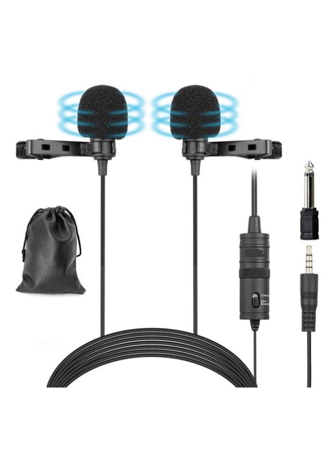 Dual Lavalier Lapel Microphone – Omnidirectional Condenser Mic with Hands-Free Clip and 1/8" Stereo Jack for DSLR, iPhone & Android Devices