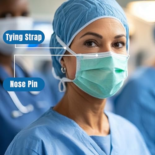 C-Cure® Disposable Tie On Face Mask with Nose Clip | 3 Ply Medical Face Mask with Meltblown filter Layer | ISO & CE Certified Disposable Safety Masks for Hospital Staff (100, Green) - Image 2