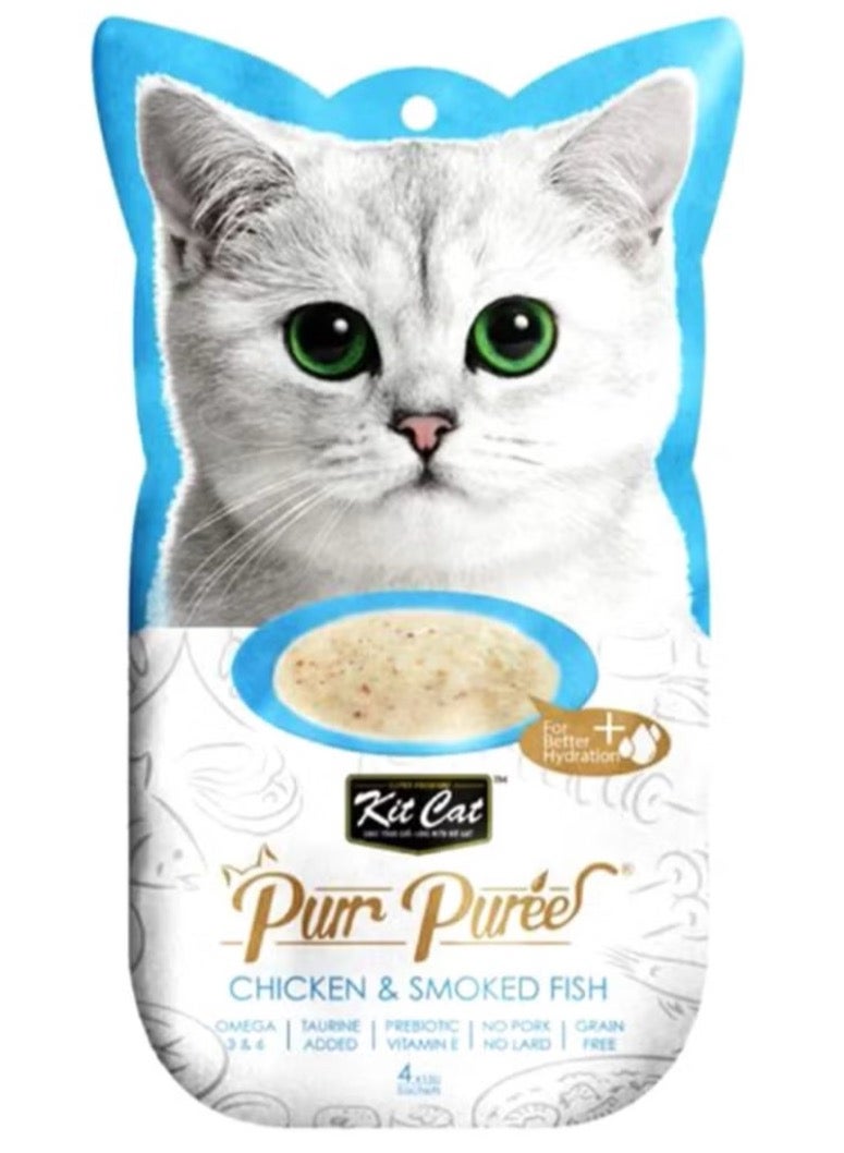 Kit Cat Chicken and Smoked Fish Pureed Cat Food Package Set of 4 Packs, 15g