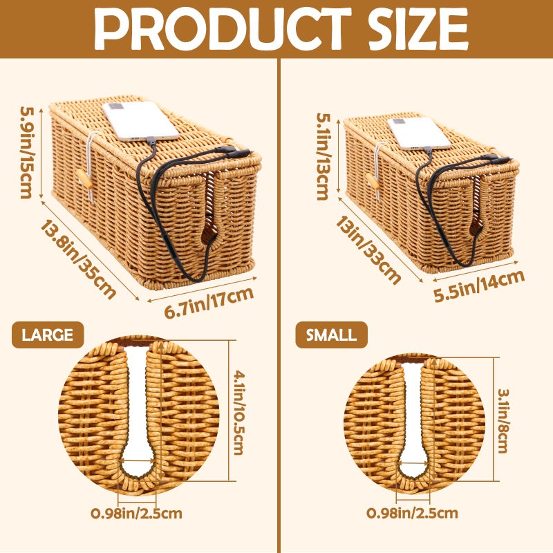 KANYO-AUTO 2PCS Cable Management Box, Handmade Rattan Cable Organizer, Open Slots Cords Hider Box Cord Basket Under Desk Cord Organizer for Computer Router USB Hub & Power Strip - Image 2