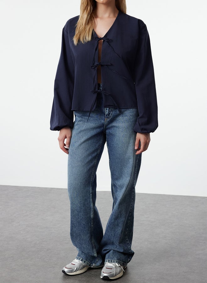 trendyol Navy Blue Front Tie Woven Shirt - Image 2