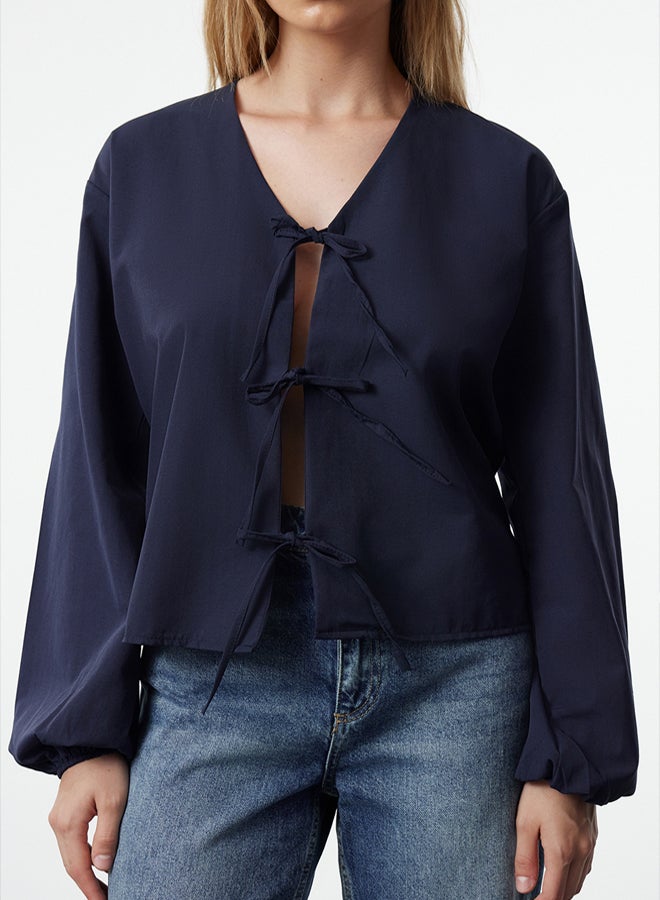 trendyol Navy Blue Front Tie Woven Shirt - Image 3