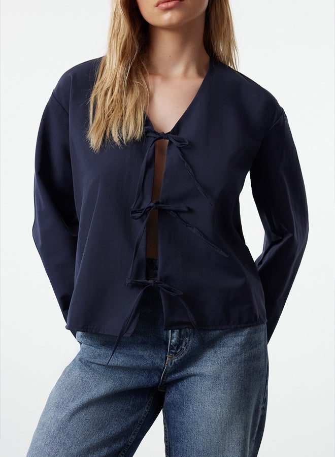trendyol Navy Blue Front Tie Woven Shirt - Image 1
