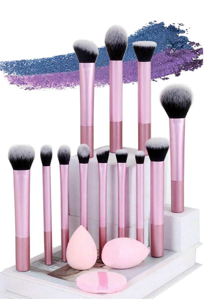 DGSENPI 15 PCS Makeup Brush Set, 12 Multi Use Makeup Brushes with 2 Makeup Sponges and 1 Makeup Puff, Foundation Blush Concealer Shading Eye Brush, for Beginners and Professionals - Image 1