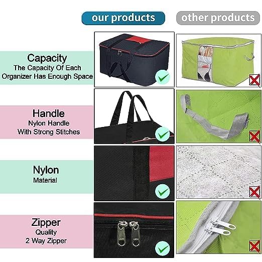 SSBC Underbed Storage Bag Moisture Proof Cloth Organiser Big Underbed Storage Bag with Zippered Closure and HandleBlack Red 54x46x28cm PACK OF 1 Pack Of 1 - Image 3