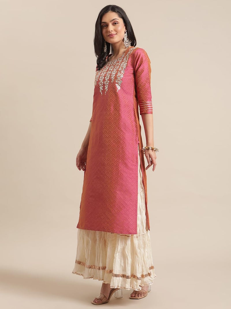 Varanga Women Coral Dual Tone Floral Gota Patti Embroidered Jacquard Kurta - Image 2
