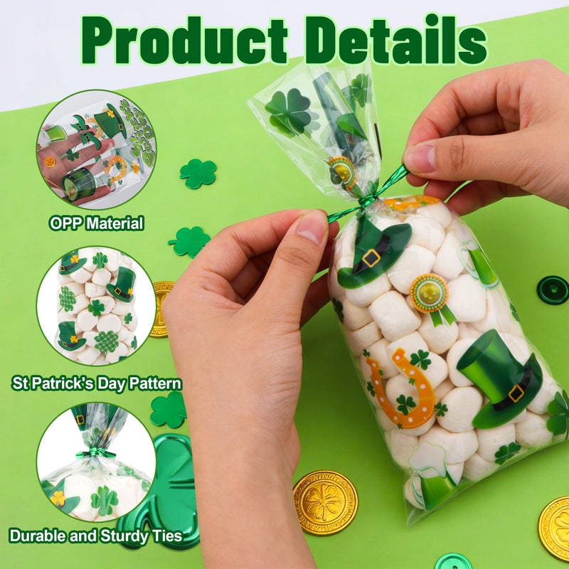 Lxzyu St. Patrick's Day Cellophane Treat Bags, St. Patrick's Day Candy Bags, Green Lucky Shamrock Gift Bag with Ties, Cello Plastic Goodie Snack Cookie Bag for St. Patrick Irish Party Favors Supplies, 50PCS - Image 4