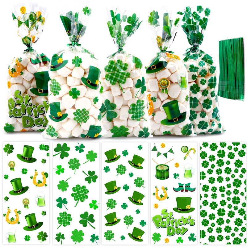 Lxzyu St. Patrick's Day Cellophane Treat Bags, St. Patrick's Day Candy Bags, Green Lucky Shamrock Gift Bag with Ties, Cello Plastic Goodie Snack Cookie Bag for St. Patrick Irish Party Favors Supplies, 50PCS - Image 1