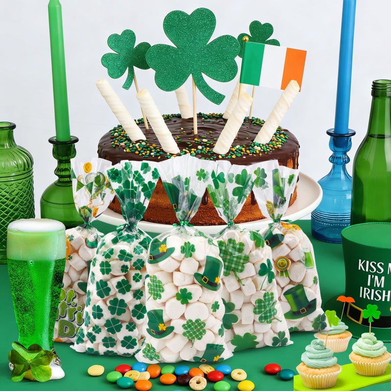 Lxzyu St. Patrick's Day Cellophane Treat Bags, St. Patrick's Day Candy Bags, Green Lucky Shamrock Gift Bag with Ties, Cello Plastic Goodie Snack Cookie Bag for St. Patrick Irish Party Favors Supplies, 50PCS - Image 2